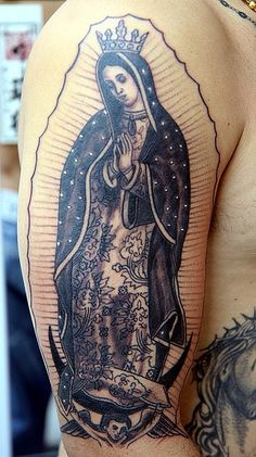 Black Ink Saint Mary Mother Of God Tattoo On Right Half Sleeve