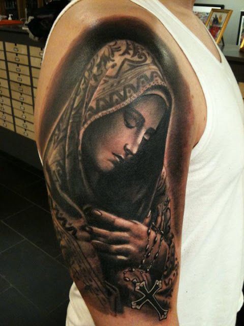 Black Ink Saint Mary Mother Of God With Rosary Cross Tattoo On Right Half Sleeve By Jrunin