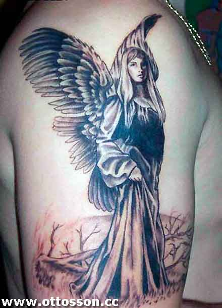Black Ink Saint Mary Mother Of God With Wings Tattoo On Right Half Sleeve