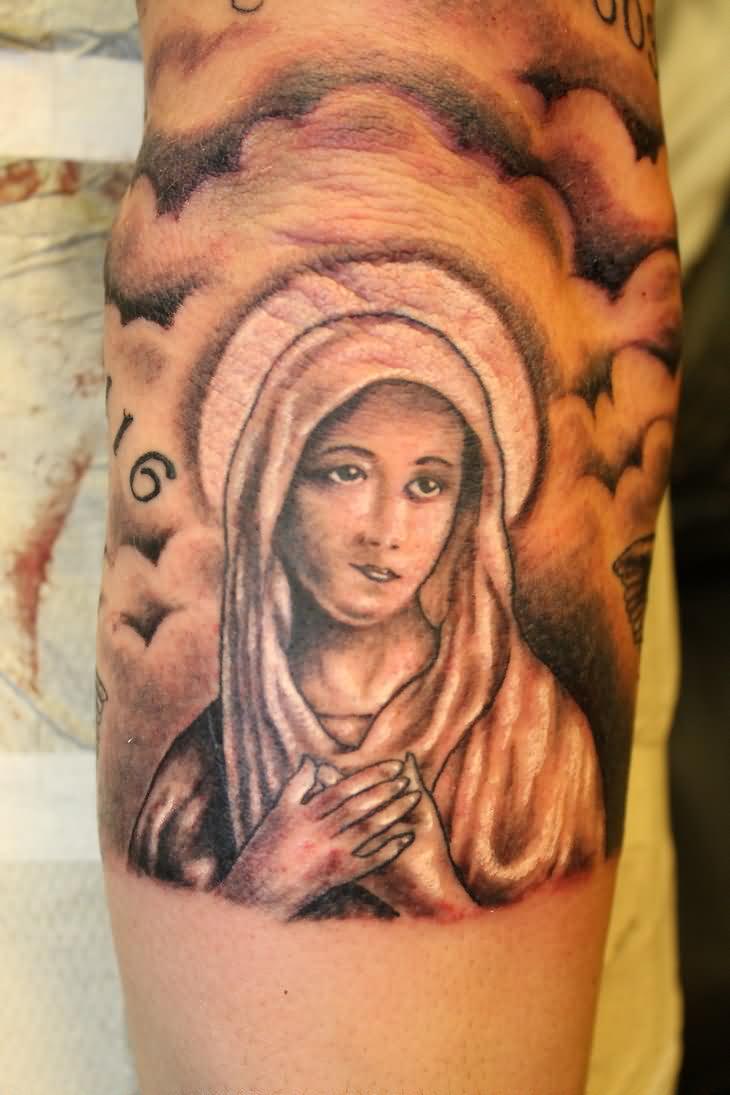 Black Ink Saint Mary Tattoo Design For Sleeve By B Ander