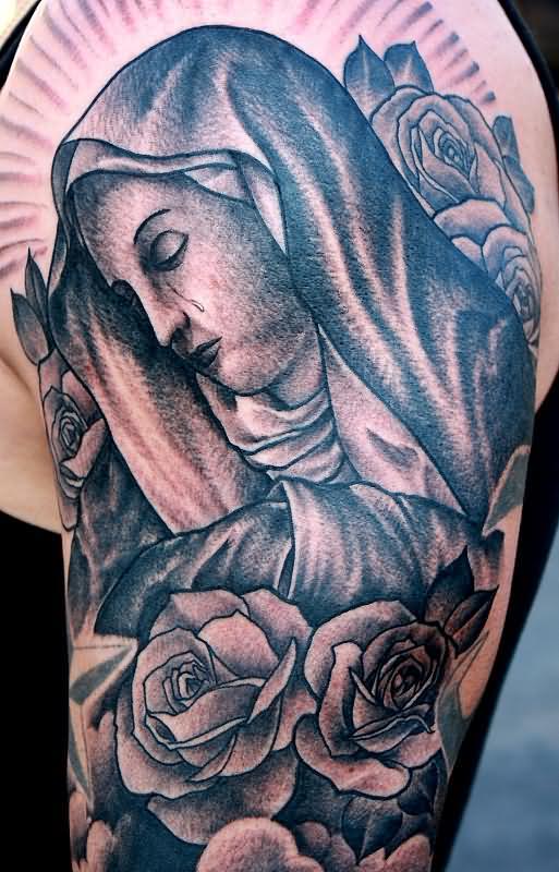 Black Ink Saint Mary With Roses Tattoo On Half Sleeve