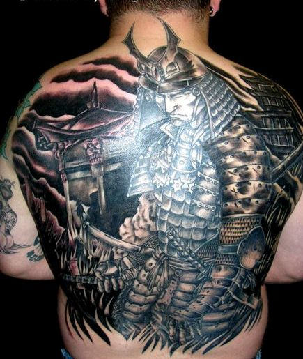 Black Ink Samurai Tattoo On Back