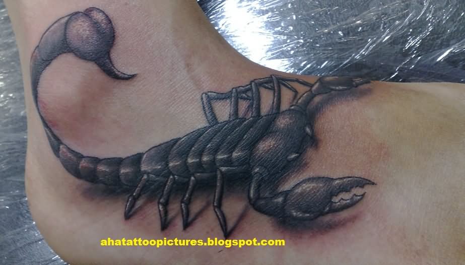 Black Ink Scorpion Tattoo On Foot