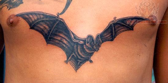 Black Ink Vampire Bat Tattoo On Man Chest