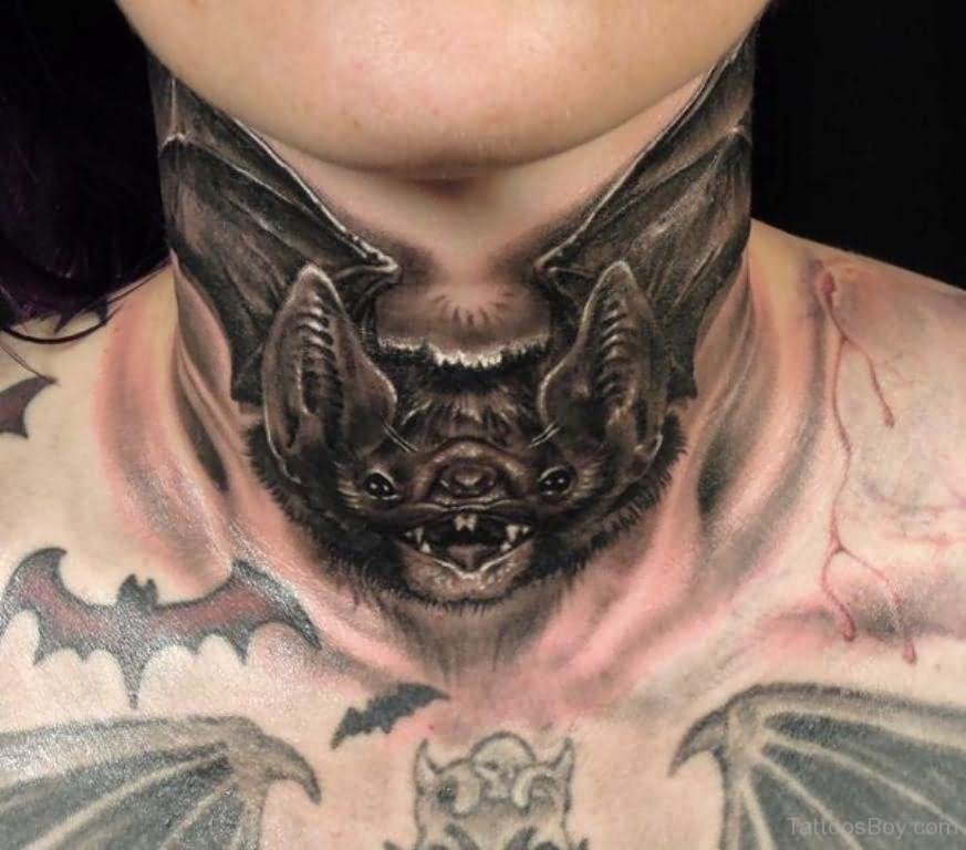 Black Ink Vampire Bat Tattoo On Neck