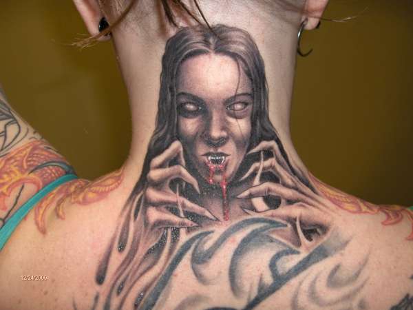 Black Ink Vampire Girl Face Tattoo On Back Neck