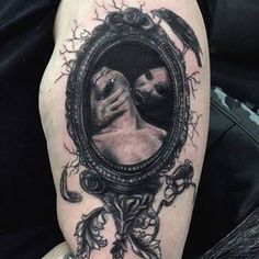 Black Ink Vampire In Frame Tattoo On Half Sleeve