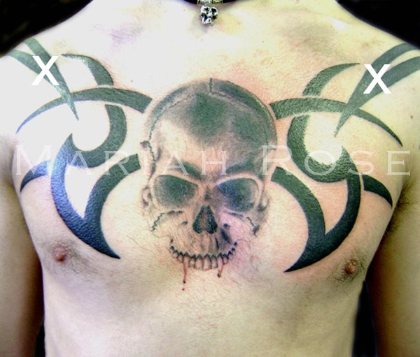 Black Ink Vampire Skull Tattoo On Chest