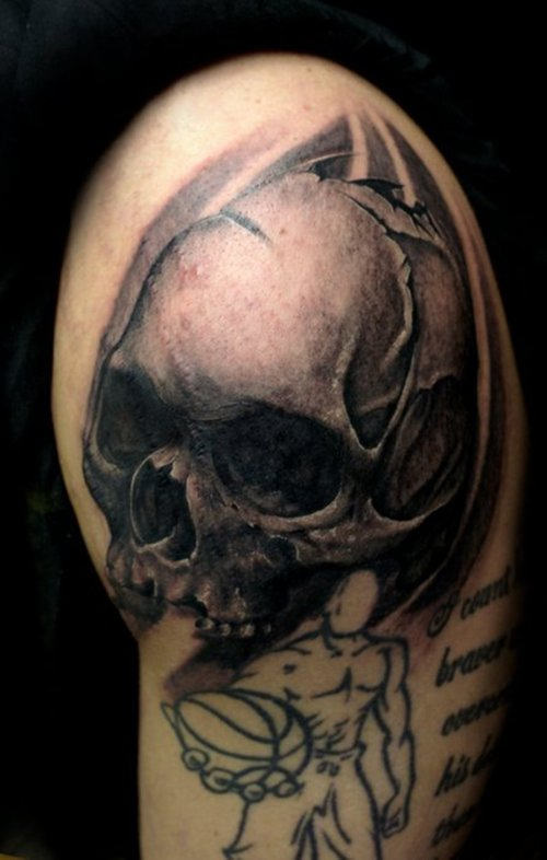 Black Ink Vampire Skull Tattoo On Shoulder
