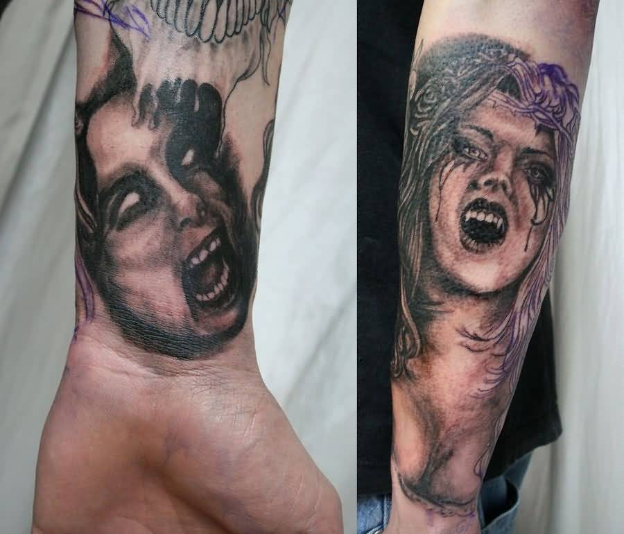 Black Ink Vampire Tattoo On Wrist