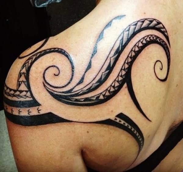 Black Maori Tribal Wave Tattoo On Left Back Shoulder