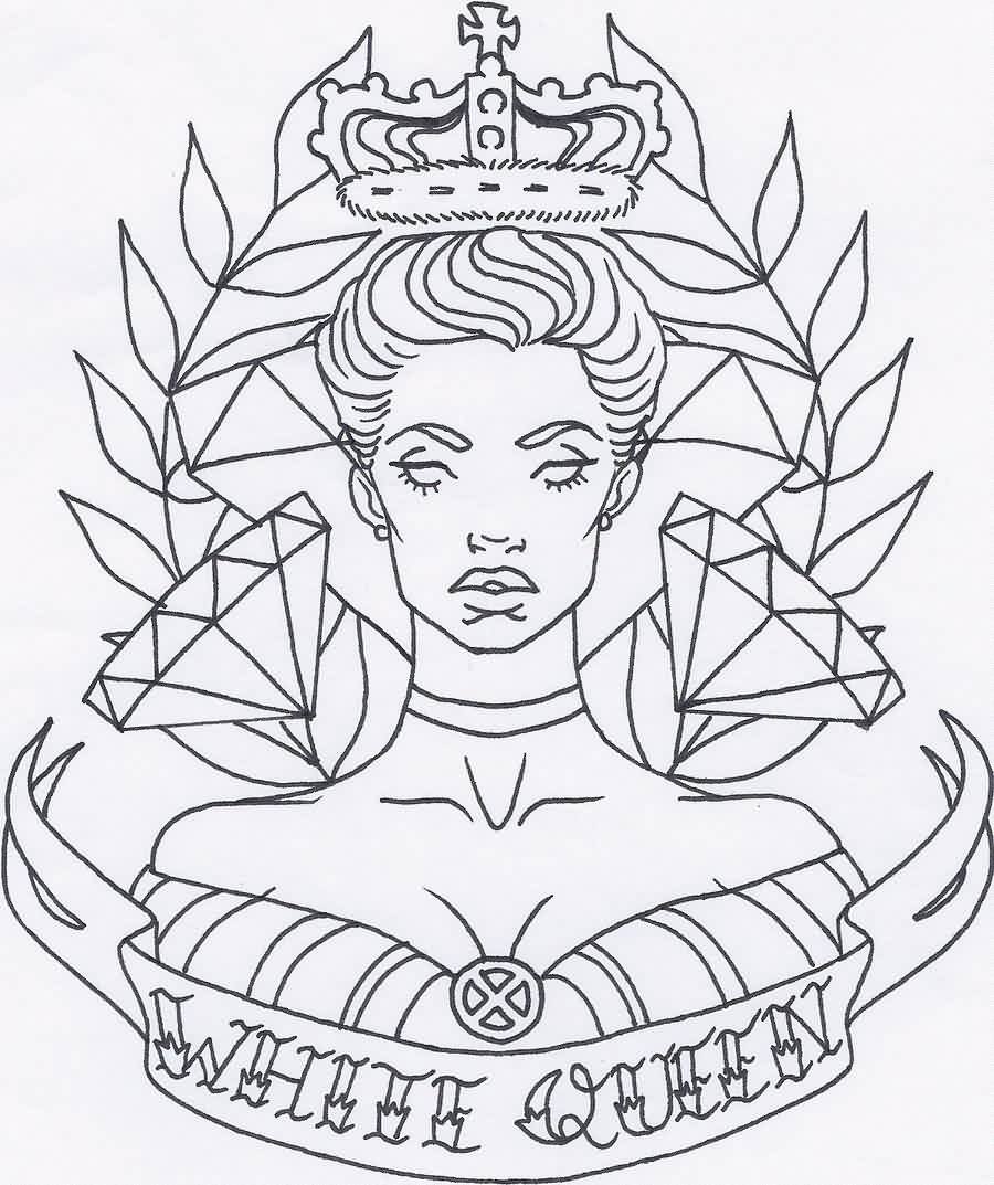 Black Outline Queen With Banner Tattoo Stencil