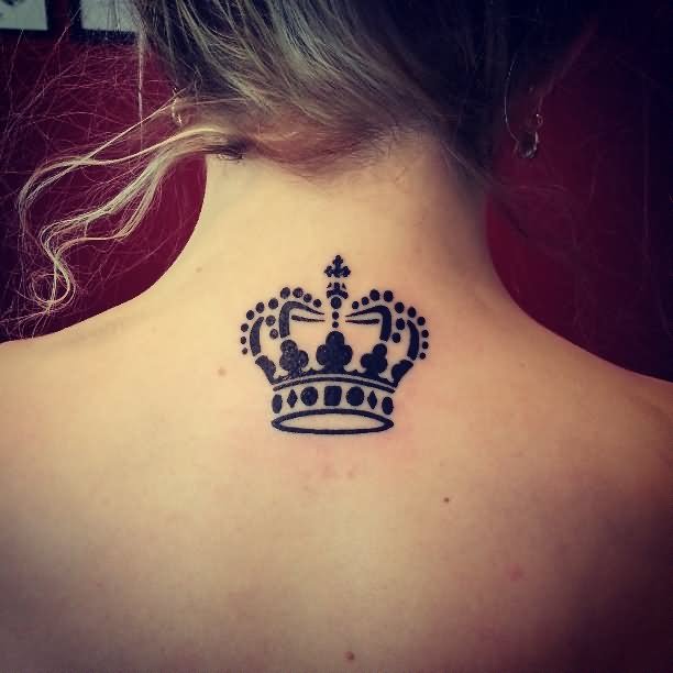 Black Queen Crown Tattoo On Girl Back Neck