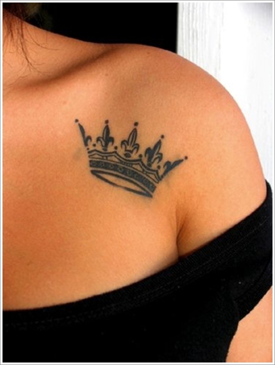 Black Queen Crown Tattoo On Girl Front Shoulder
