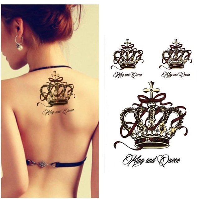 Black Queen Crown Tattoo On Girl Upper Back
