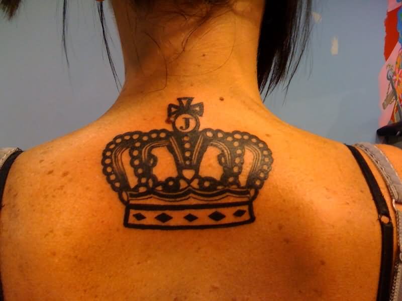 Black Queen Crown Tattoo On Upper Back