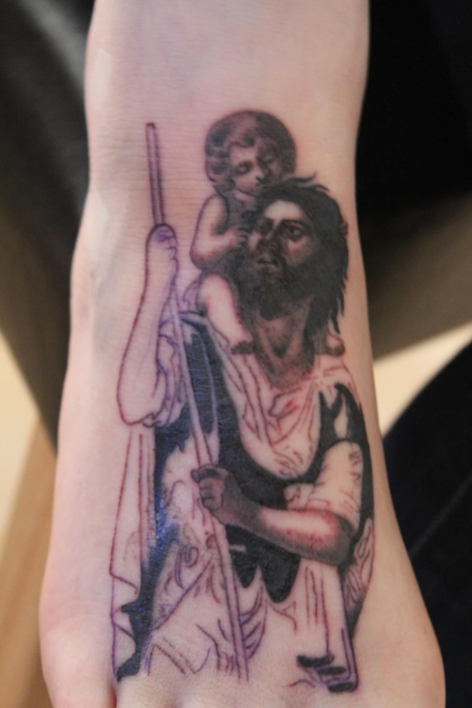Black Saint Christopher Tattoo On Foot