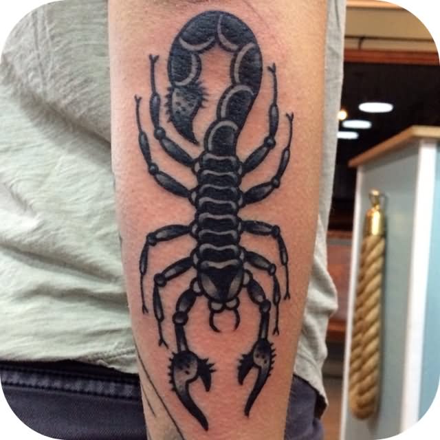 Black Traditional Scorpion Tattoo On Arm