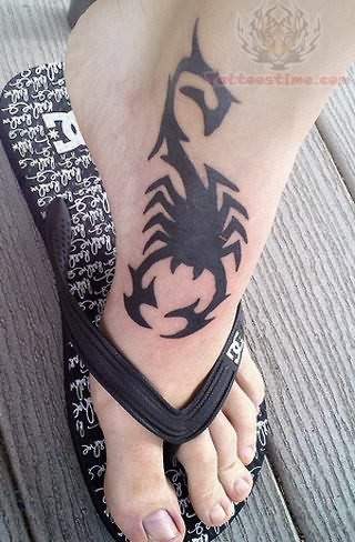 Black Tribal Scorpion Tattoo On Foot