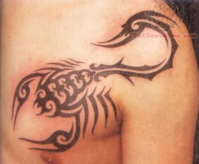 Black Tribal Scorpion Tattoo On Left Front Shoulder