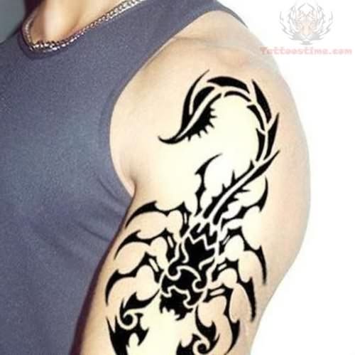 Black Tribal Scorpion Tattoo On Left Half Sleeve