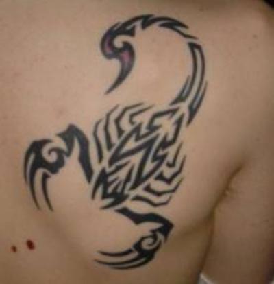 Black Tribal Scorpion Tattoo On Right Back Shoulder
