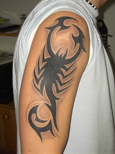 Black Tribal Scorpion Tattoo On Right Half Sleeve