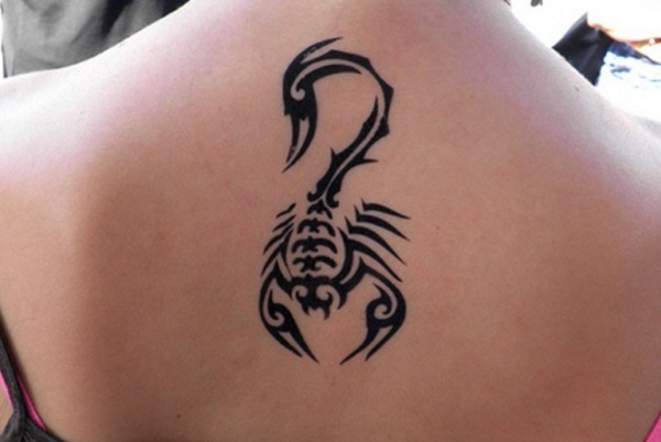 Black Tribal Scorpion Tattoo On Upper Back