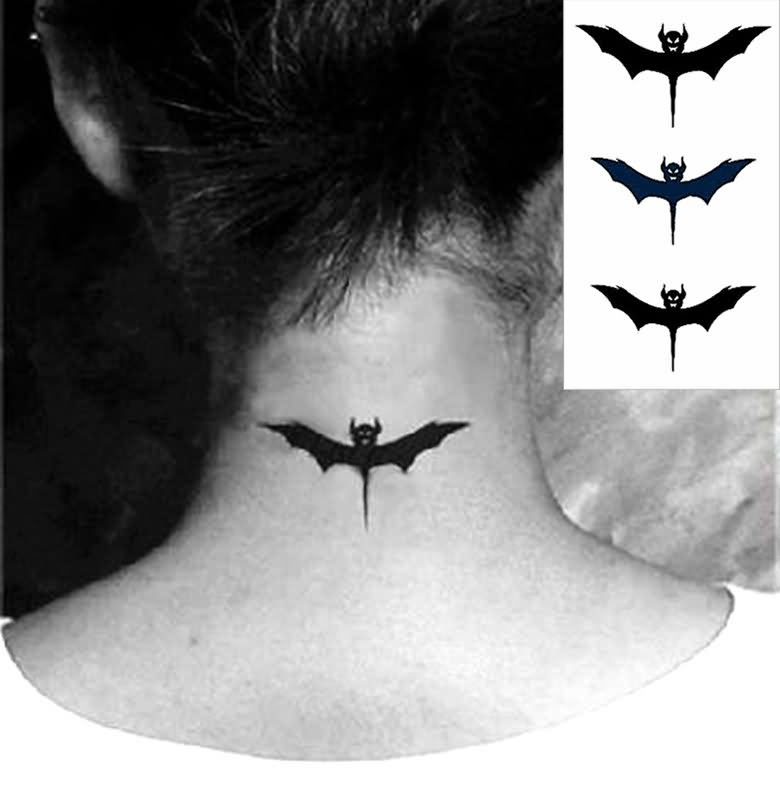 Black Vampire Bat Tattoo On Back Neck