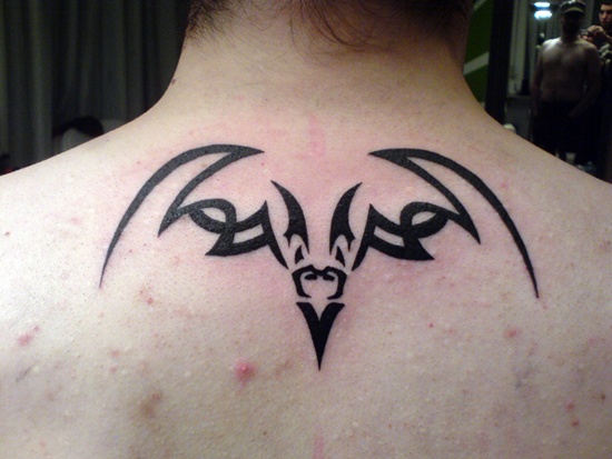 Black Vampire Bat Tattoo On Upper Back