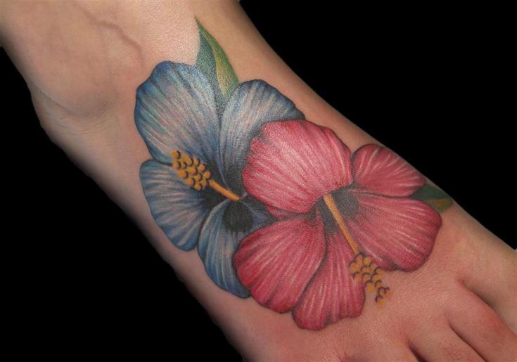 Blue And Red Hibiscus Tattoos On Right Foot