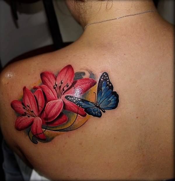 Blue Butterfly And Hibiscus Tattoo On Left Back Shoulder