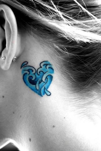 Blue Ink Wave Tattoo Behind Ear