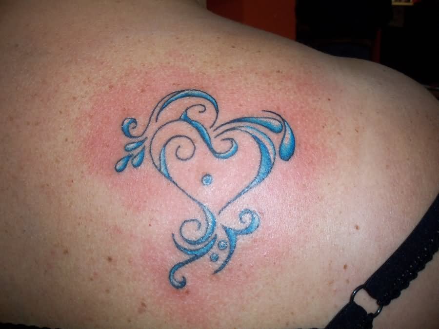 Blue Ink Wave Tattoo On Right Bach Shoulder