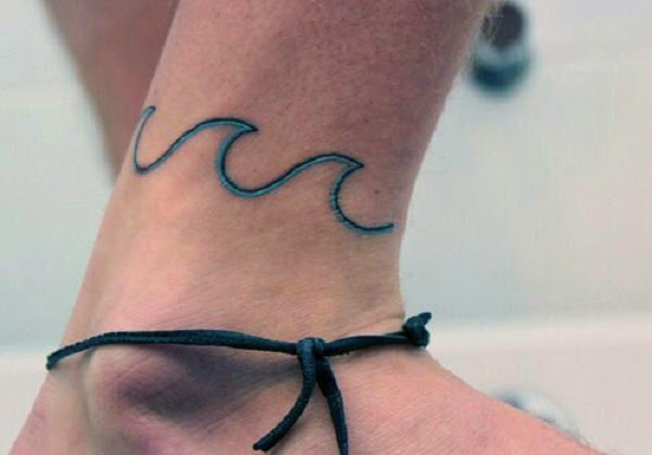 Blue Outline Wave Tattoo On Foot