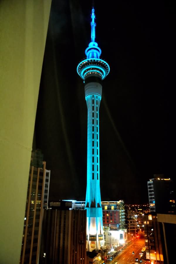 Blue Sky Tower In Auckland At Night