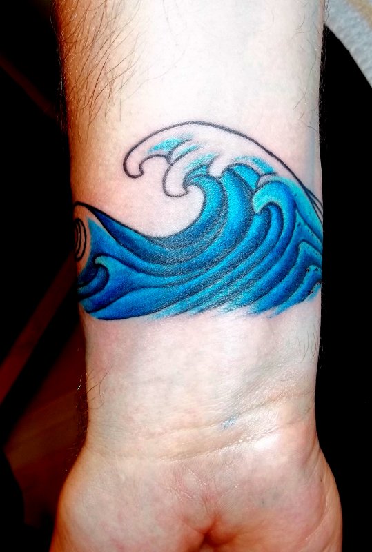 Blue Water Wave Tattoo On Right Wrist