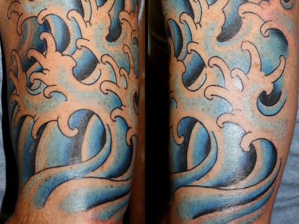 Blue Wave Tattoo On Left Half Sleeve
