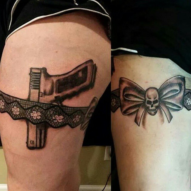 Bow Skull And Gun Country Garter Tattoos