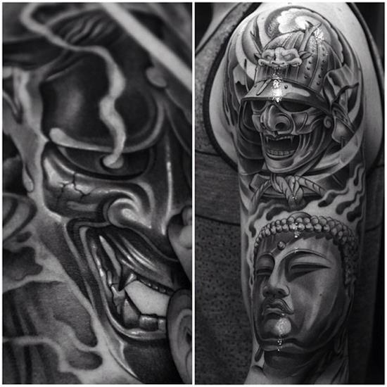 Buddha And Samurai Tattoo On Left Half Sleeve