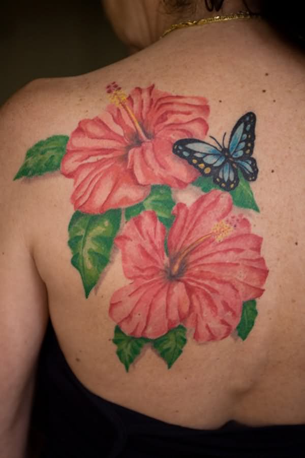 Butterfly And Hibiscus Tattoo On Left Back Shoulder