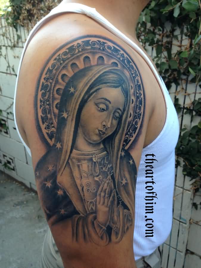 Classic Grey Ink Saint Mary Tattoo On Man Right Half Sleeve