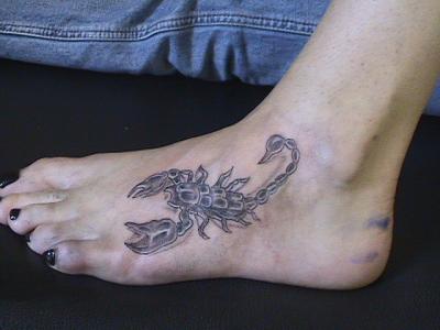 Classic Grey Ink Scorpion Tattoo On Girl Foot