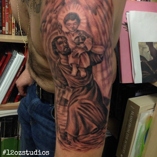 Classic Saint Christopher Tattoo On Man Left Half Sleeve