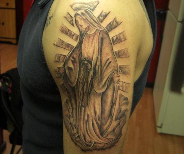 Classic Saint Mary Mother Of God Tattoo Design For Shoulder