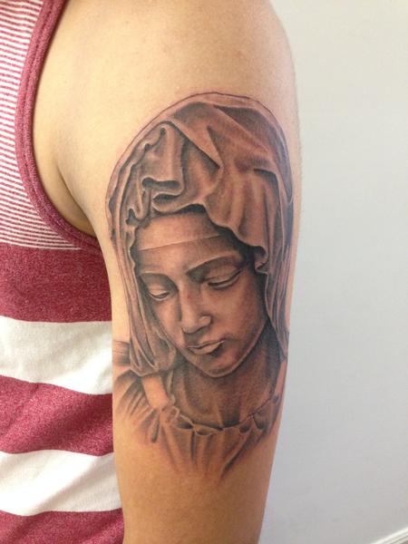Classic Saint Mary Tattoo On Half Sleeve