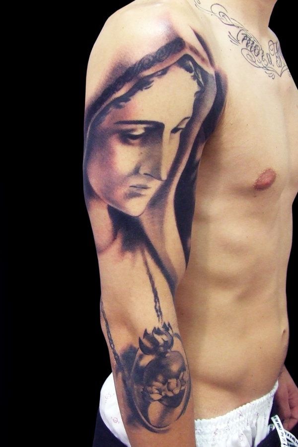 Classic Saint Mary Tattoo On Man Right Full Sleeve