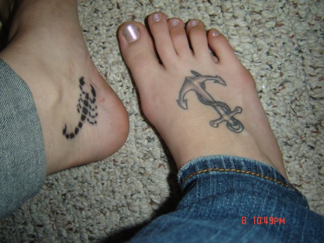 Classic Scorpion And Anchor Tattoo On Feet