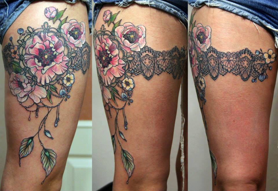 Color Flowers And Garter Lace Tattoo On Thigh by Anna Belozerova Barnaul