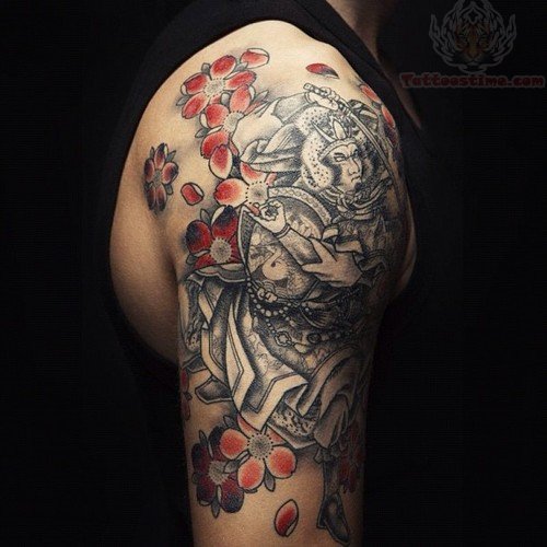 Color Flowers And Samurai Tattoo On Right Shoulder